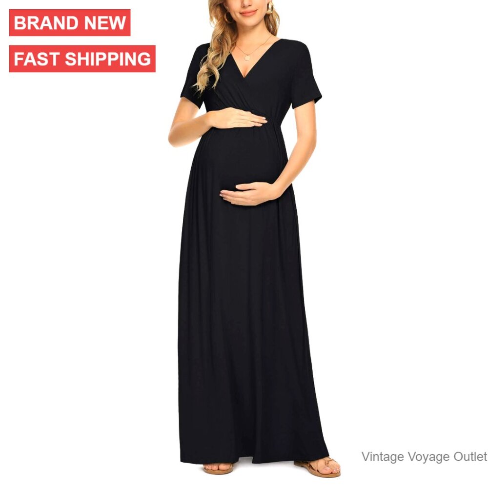 Maternity Maxi Dress Wrap V-Neck Casual Long Pregnancy Dress